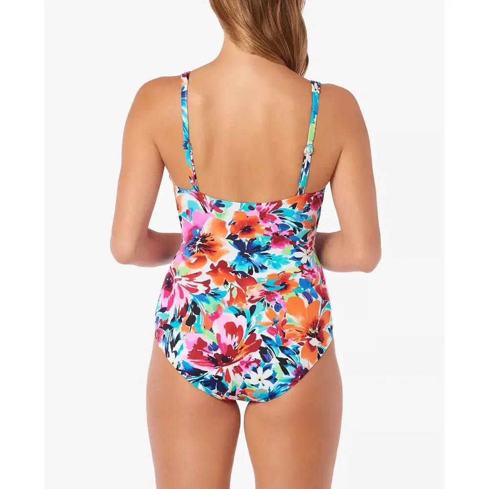 Swim Solutions Twist Bodice Allover‎ Slimming One-Piece Swimsuit Size 12 Floral - Picture 2 of 16
